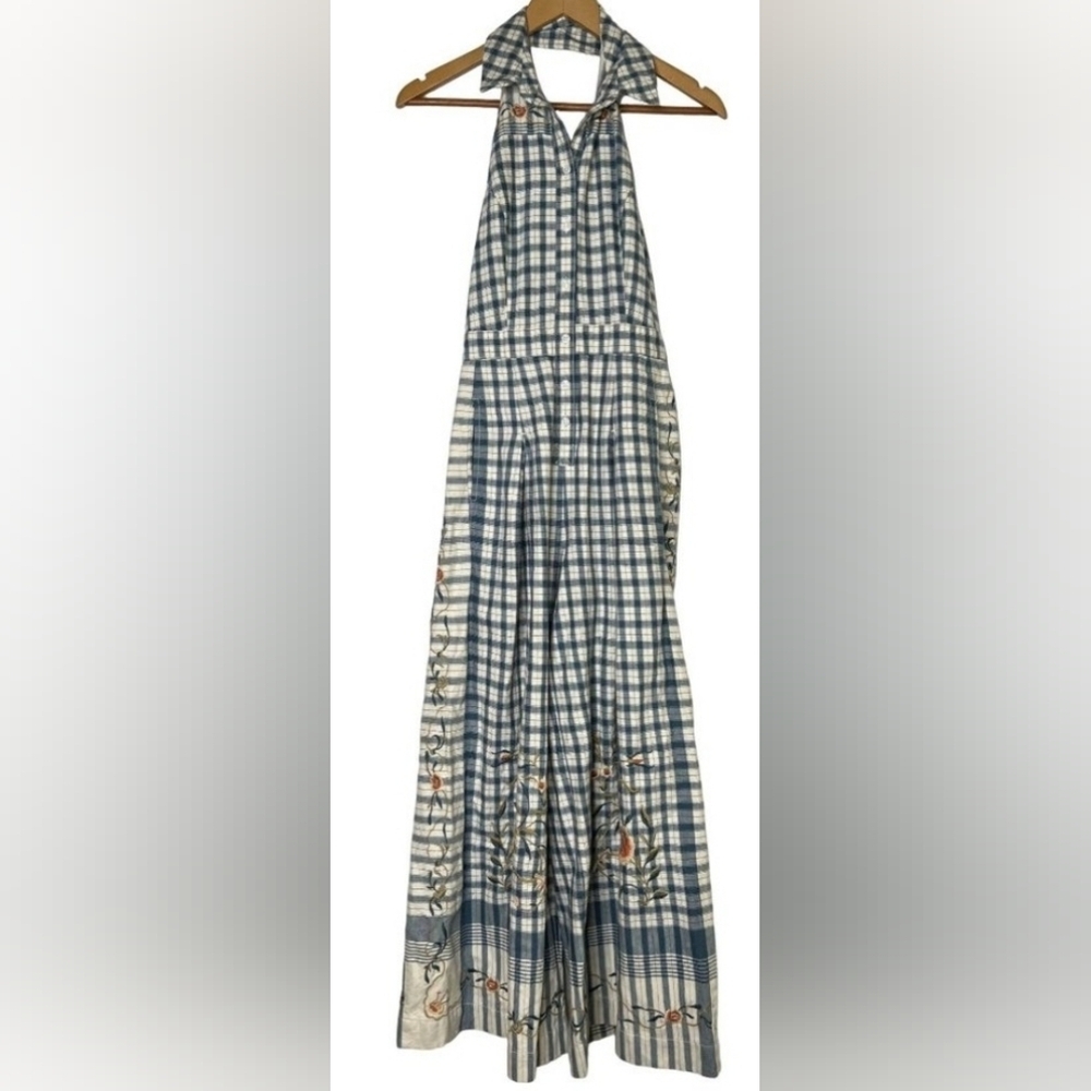 Anthropologie Picnic Floral Embroidered Plaid Halter Jumpsuit Size 2 NWOT